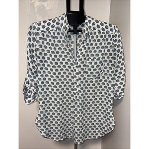 Cals blouse featuring an allover green elephant print on a rich White size Large